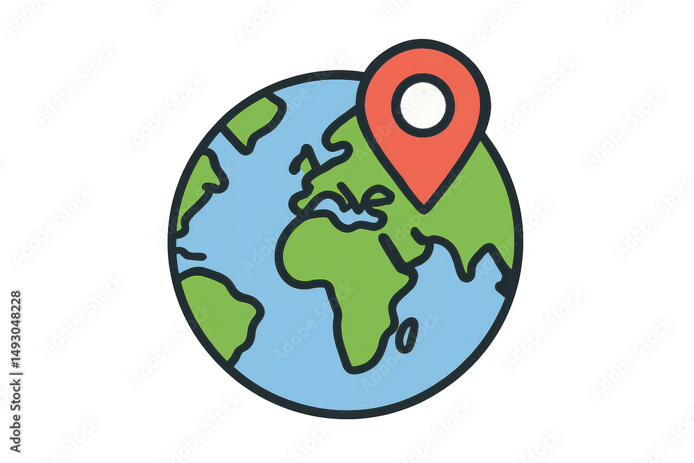Poster global earth cartoon with gps marker highlighting geographical location, transparent backdrop suitab