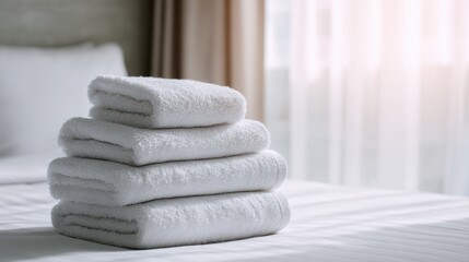 A stunning image of stack of neatly folded white towels placed on a bed with soft natural light filtering through white curtains in a cozy bedroom setting.