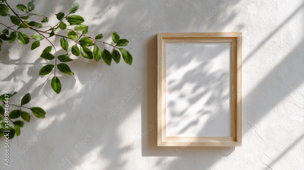 Poster a stunning image of empty wooden picture frame hanging on white textured wall casting soft shadows w