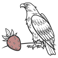 A majestic eagle with detailed feathers perched beside a ripe strawberry