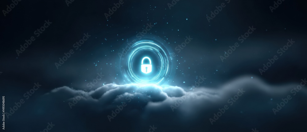 Poster a glowing padlock hovers above clouds, symbolizing secure cloud technology and data protection in a 