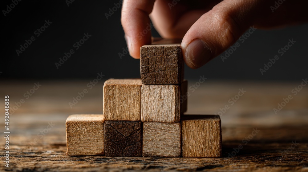 Poster a stunning image of fingers placing the final wooden block on top of a small pyramid stack of wooden