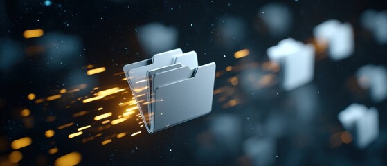 Digital folder icon with glowing data trails, symbolizing fast file transfer or digital data management in a virtual environment.