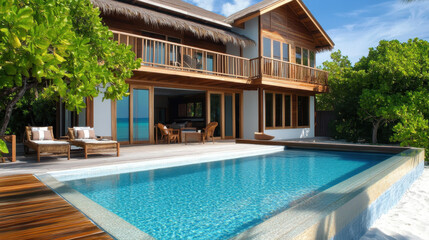 Luxury Retreat: The image depicts a stunning resort villa with a private pool. The villa offers luxurious amenities, including a wooden deck.