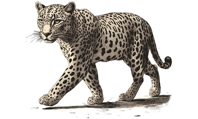 Leopard Walking Stealthily, Vintage Wild Cat Drawing, Monochrome Safari Animal Art, Detailed Line Illustration, Rustic Wildlife Print, Nature Wall Decor, Black Sketch, engraving style, trendy,