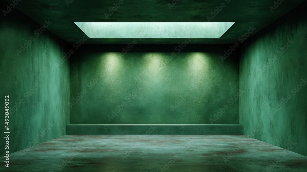 Poster a stunning image of empty room with textured green walls and floor illuminated by overhead lighting,