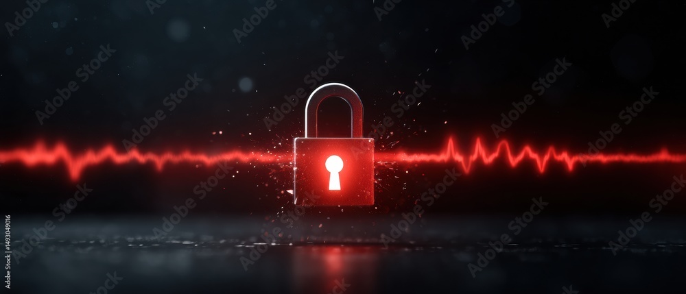 Poster a glowing red padlock with a digital pulse line symbolizes cybersecurity and data protection against