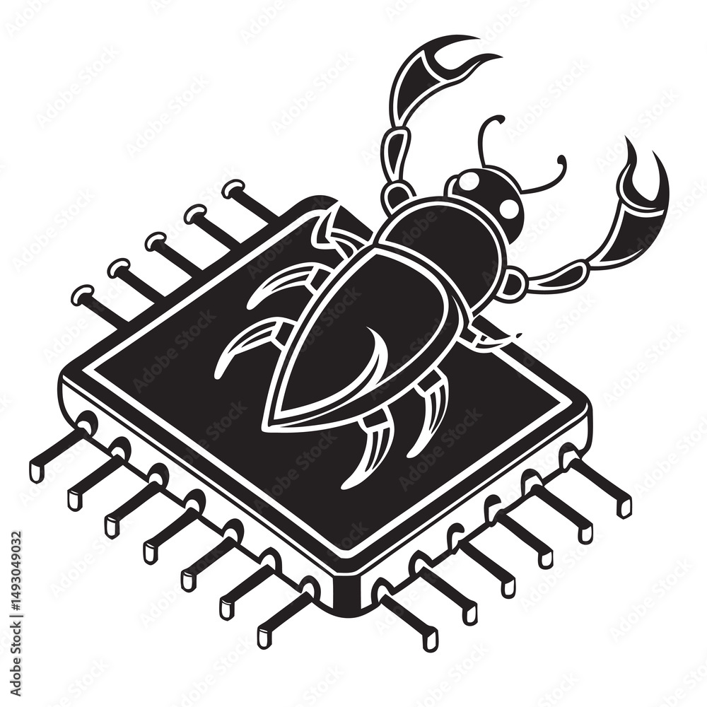 Poster a stylized scorpion perched atop a detailed computer processor unit chip