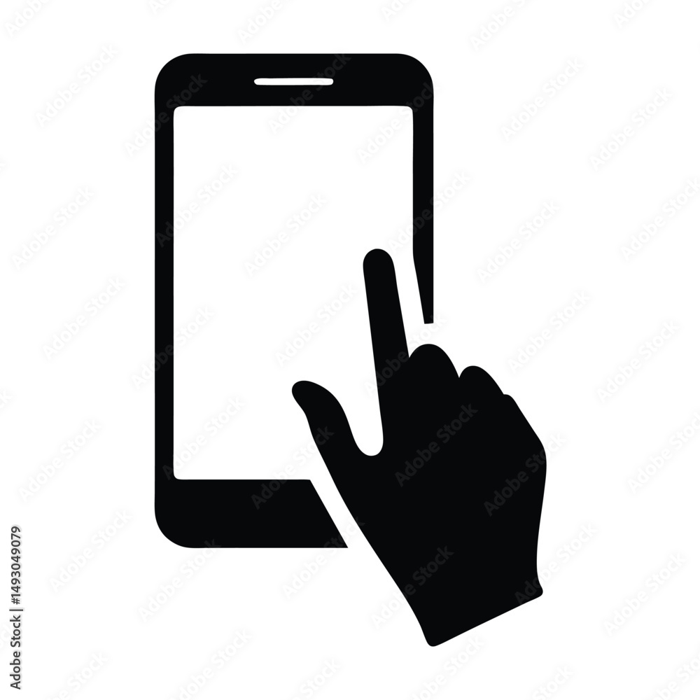 Poster a touch interaction on a smartphone screen user interface, digital black icon
