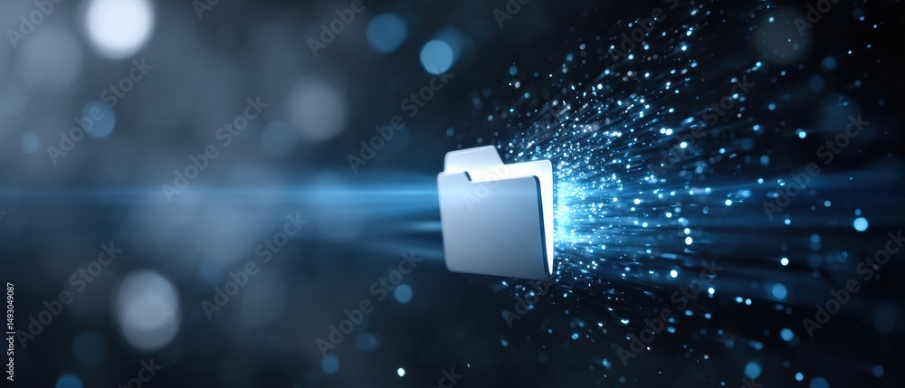 Poster a digital folder emits blue light and particles, symbolizing data transfer or digital storage in a f