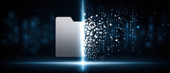 A digital folder disintegrates into binary code, symbolizing data transfer or digital transformation in a futuristic style.