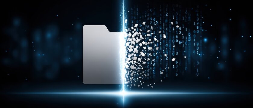 A digital folder disintegrates into binary code, symbolizing data transfer or digital transformation in a futuristic style. - Powered by Adobe