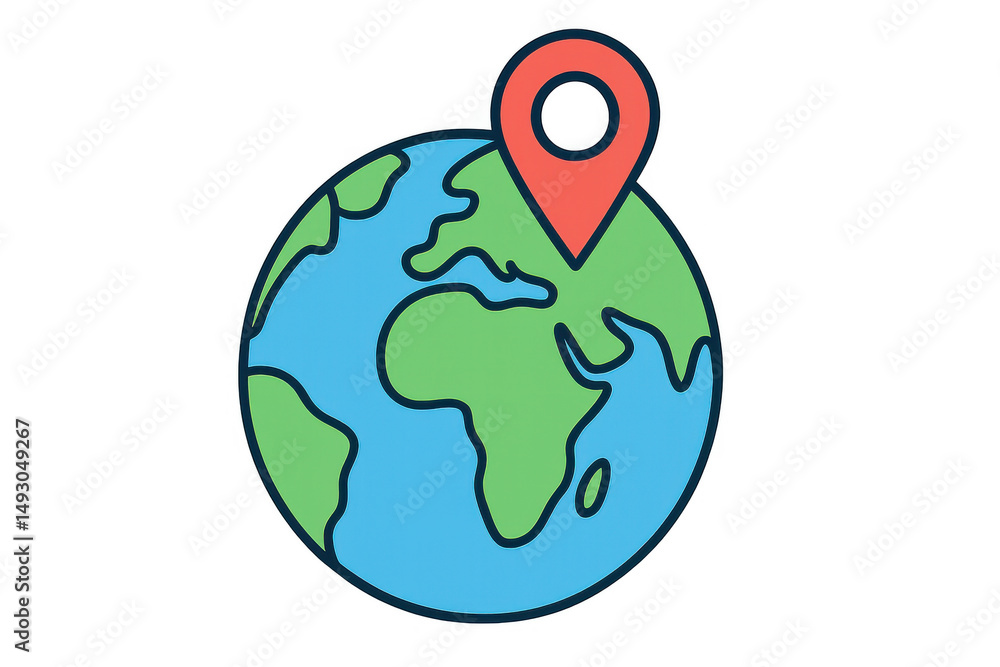 Poster global positioning concept featuring cartoon earth globe with location marker, illustrating worldwid