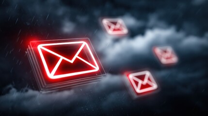 Naklejka premium Glowing red email icons float through a dark, stormy sky, symbolizing digital communication or cybersecurity threats.
