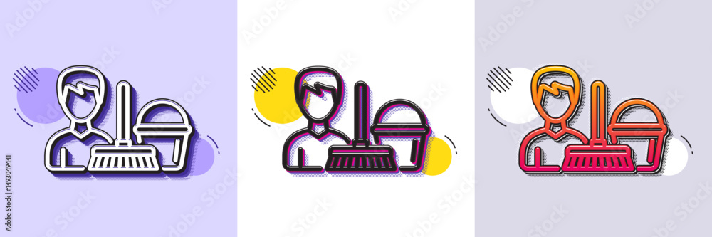 Poster cleaning service line icon. halftone dotted pattern. gradient icon with grain shadow. bucket with mo