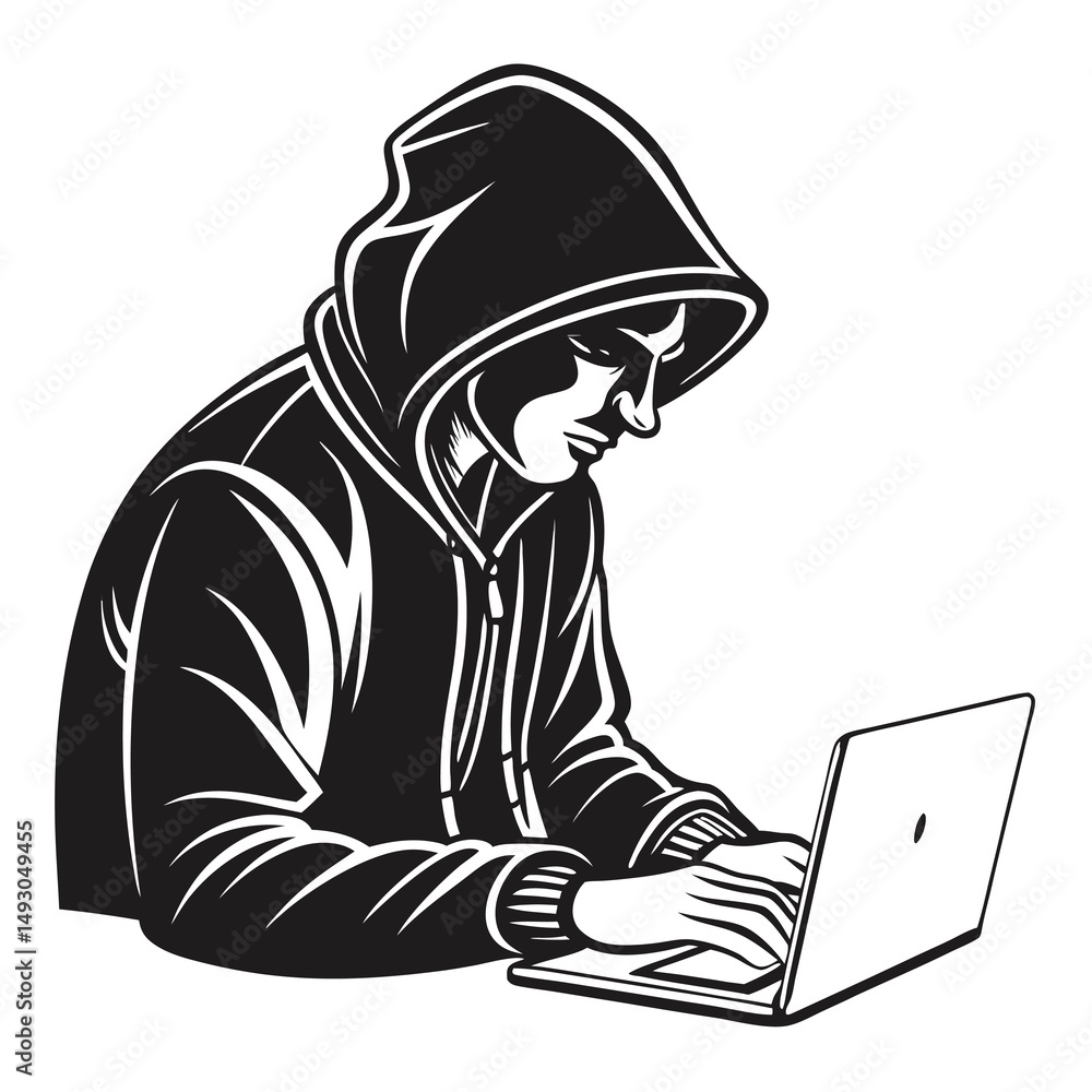 Poster anonymous hacker coding on laptop in black and white illustration style