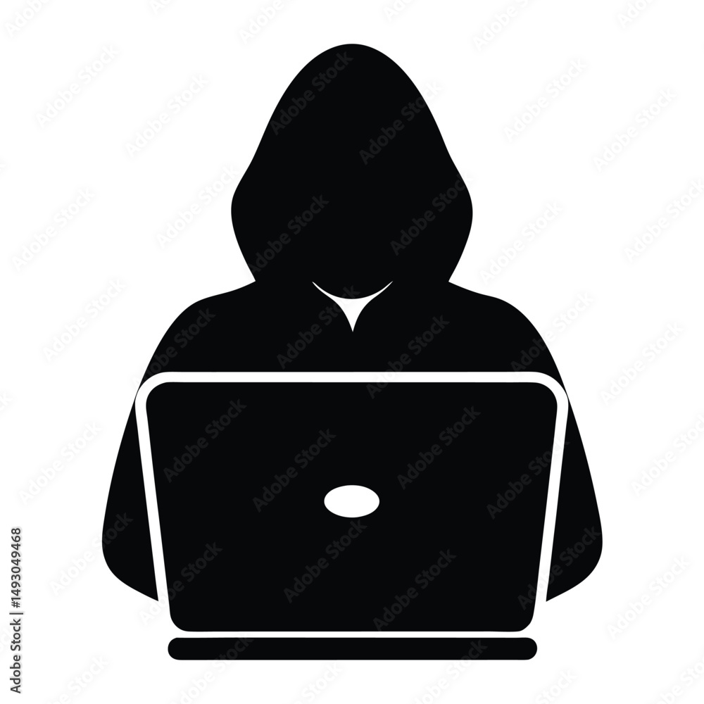 Poster anonymous hacker in a hoodie using a laptop for cybercrime activity