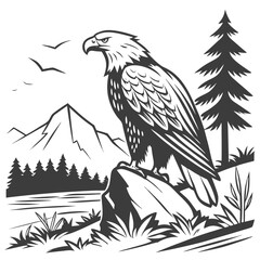 Bald eagle on a mountain peak illustration, vector drawing in black and white