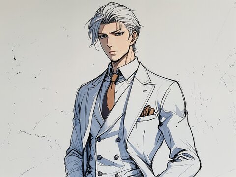 Anime adult man antique dealer in elegant fine line anime style on art line drawing in plain white background
