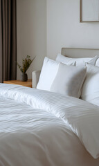 Elegant Bedroom Interior Featuring Crisp White Bedding and Serene Minimalist Decor for Relaxed Living