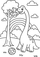 Cute Cartoon Dinosaurs in Prehistoric Landscape for Coloring Book