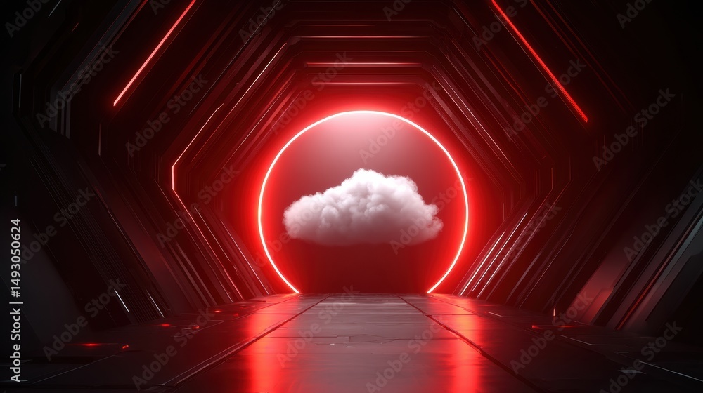 Poster a glowing red portal with a floating cloud in a futuristic, dark tunnel setting.