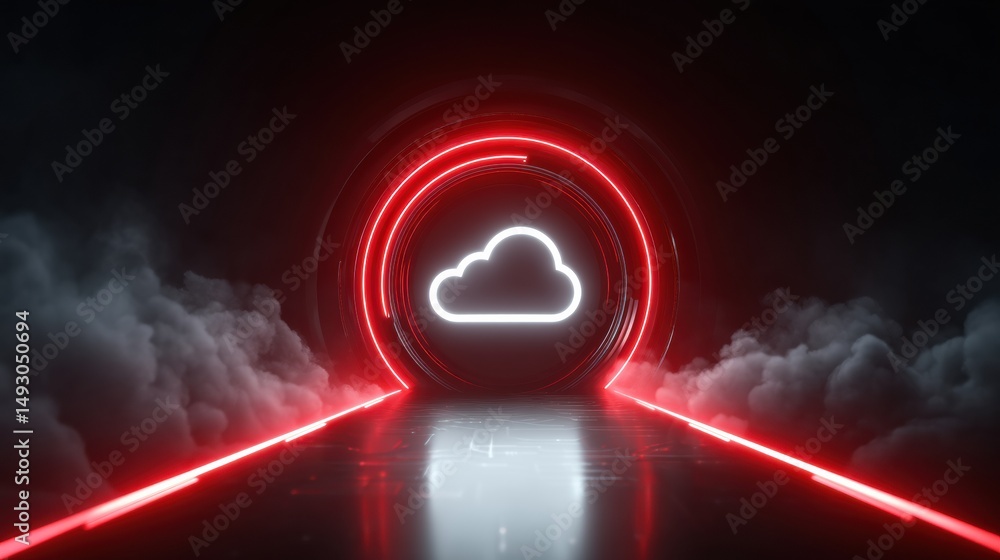 Poster a glowing cloud icon is centered in a futuristic red-lit tunnel surrounded by mist and darkness.