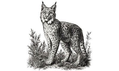 Detailed Engraving of Wild Cat, Lynx in Forest, Vintage Rustic Animal Illustration, Hand-drawn Wildlife Print, Monochrome Nature Line Drawing, black and white safari art, © Vintage Studio