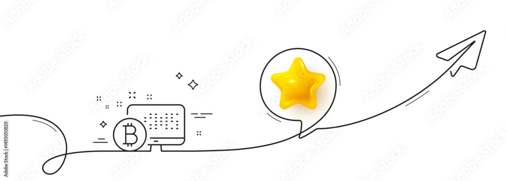 Poster bitcoin line icon. continuous line with share plane. cryptocurrency monitor sign. crypto money symbo