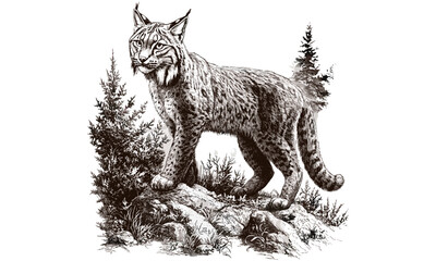 Lynx in Forest, Rustic Animal Illustration, Monochrome Nature Line Drawing, Old Engraving Style, Hand-drawn Wildlife Print, Black Sketch, Vintage Wild Cat Art, woodland animal art,