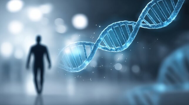 A digital image of a human silhouette and a DNA double helix, symbolizing genetics and biotechnology.