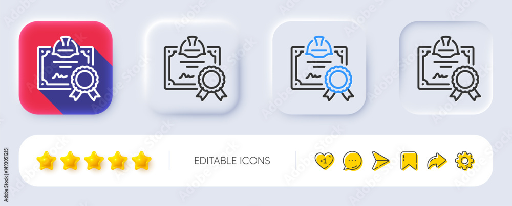 Poster engineering certificate line icon. neumorphic, flat shadow, 3d buttons. technical documentation sign