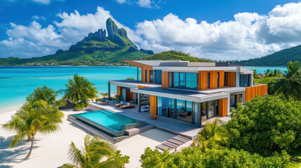 Fototapeta premium Luxury Beachfront Villa: An exquisite modern villa boasts breathtaking ocean views, a private infinity pool, and direct access to a pristine white-sand beach.