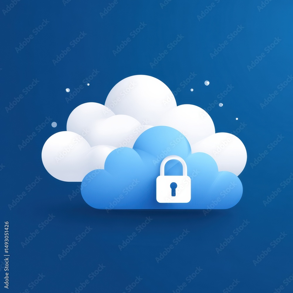 Poster cloud icon with a padlock symbolizing secure cloud storage and data protection on a blue background.