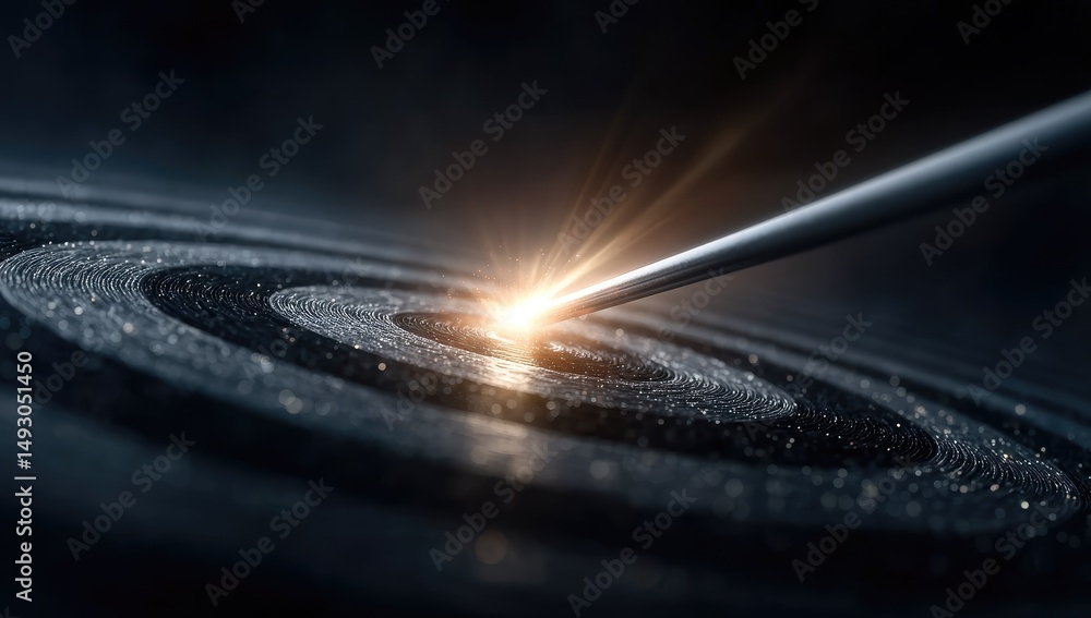 Poster glowing light piercing concentric circles in dark background illustrating concept of focus and preci