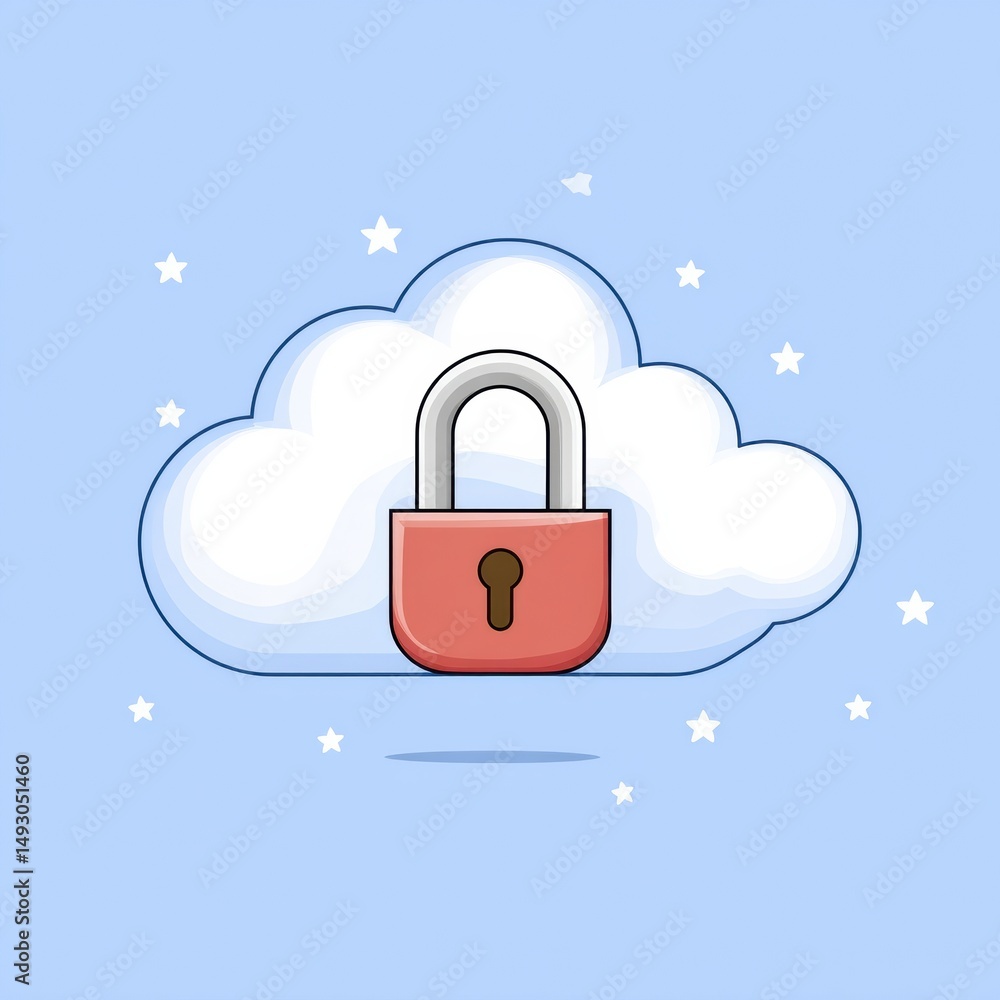Poster a cloud with a red padlock symbolizes secure cloud storage or data protection, with stars in the bac
