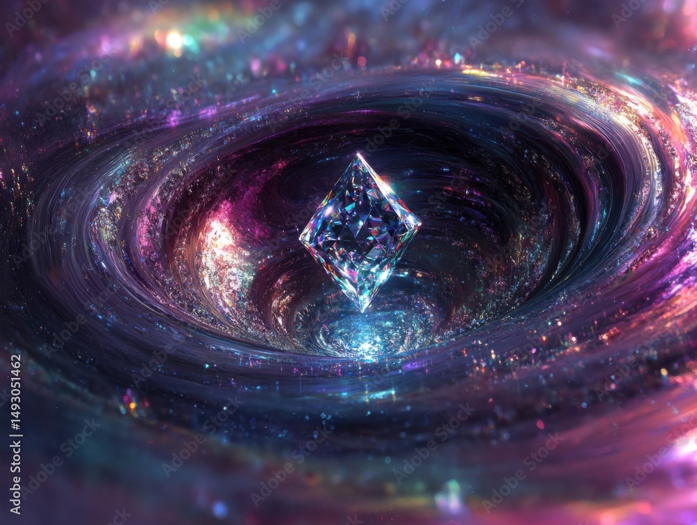 Poster diamond floating in a swirling cosmic vortex of color and light abstract digital art close up concep