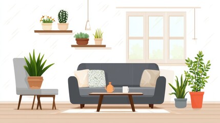 A modern living room with houseplants, a dark sofa, cushions, coffee table, and large window, creating a cozy and fresh atmosphere.