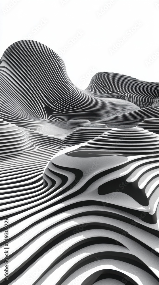 Poster abstract monochrome landscape with undulating striped pattern from low angle studio shot for backgro