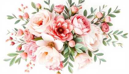 Fototapeta premium Delicate watercolor floral bouquet with pink, peach, blush, white flowers, green leaves, eucalyptus, olive, peony, rose branches, green, botanical