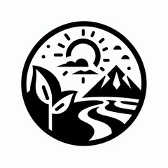 Obraz premium Black and white nature landscape icon featuring mountains, sun, and river with plants