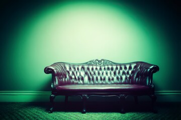 Vintage Leather Sofa in an Elegantly Lit Room with Subtle Green Tones and Classic Atmosphere
