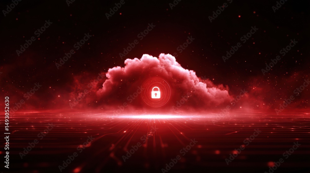 Poster a red digital cloud with a padlock symbolizing cybersecurity and cloud data protection on a futurist