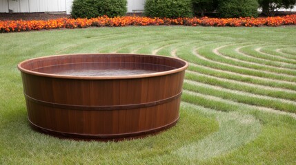 Naklejka premium Wooden Barrel Pool Surrounded by Lush Green Lawn and Colorful Flower Beds in a Serene Garden Setting