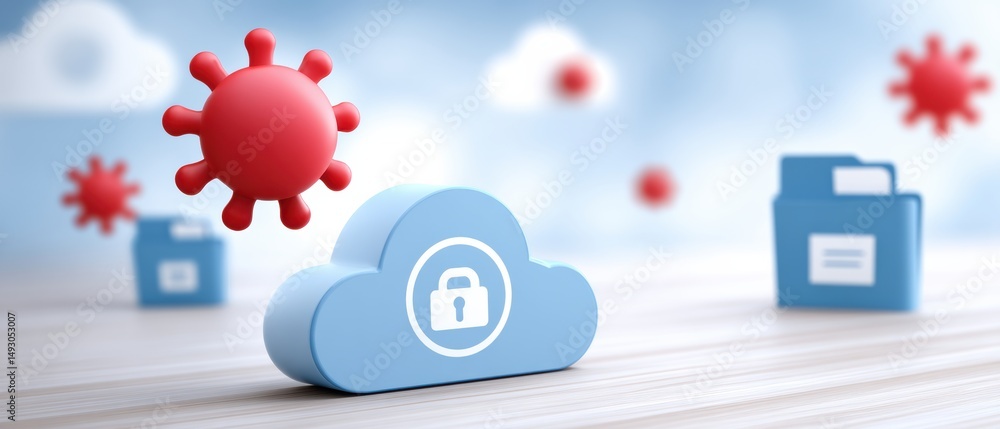 Poster cloud security concept with virus threats, secure cloud icon, and digital file folders in a virtual 