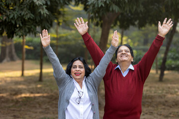 Indian happy senior couple spreading hands at park. old couple looking at the sky while spending time together, relationship and people concept. Senior Living Retirement and Pension Plans Concept