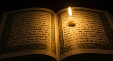 An open book illuminated by candlelight, revealing script with intricate designs. Warm glow bathes the pages