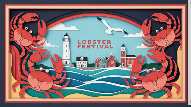 Lobster festival illustration with crabs and lighthouse backdrop