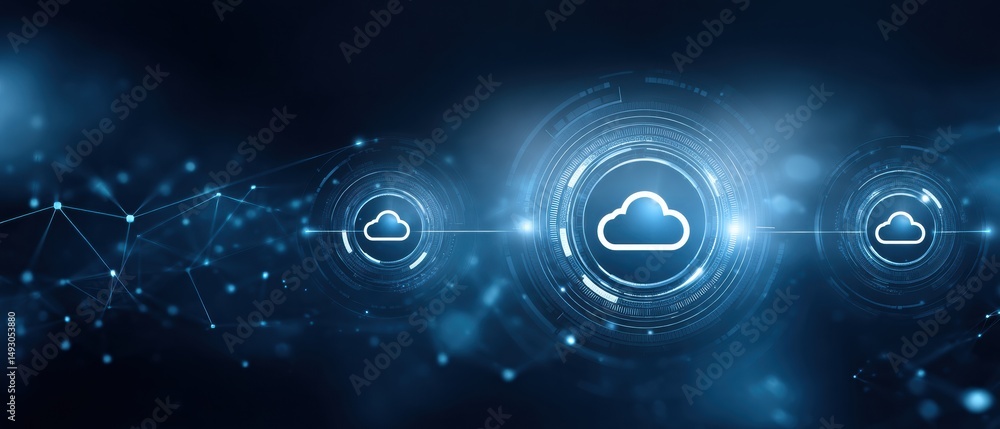 Poster futuristic digital cloud icons connected on a dark blue, tech-inspired background, symbolizing cloud