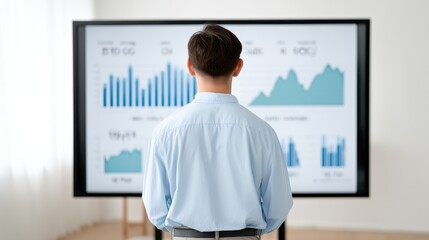Obraz premium A business professional analyzes data trends on a large screen, reflecting on important metrics and strategies for success in a modern corporate environment.